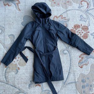 REI Women's Rain Jacket Knee Length Trench Hood Belted Cinched Black Size S